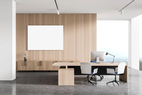 现代首席执行官办公室的内部 有白色和木制的墙壁 混凝土地板 电脑桌椅和横向模拟海报 管理的概念 3D渲染 — 图库照片
