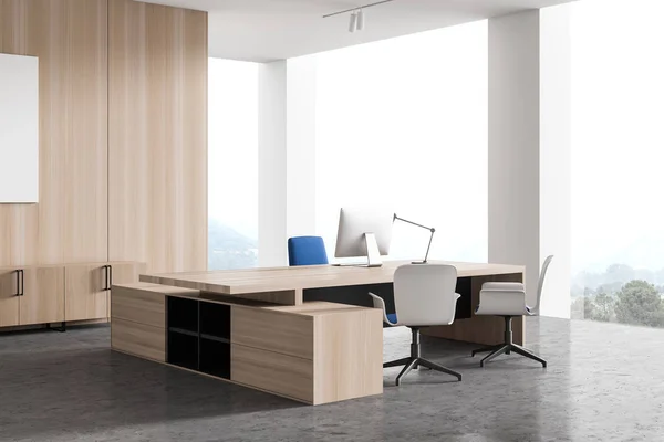 Corner Panoramic Ceo Office White Wooden Walls Concrete Floor Massive — Stock Photo, Image