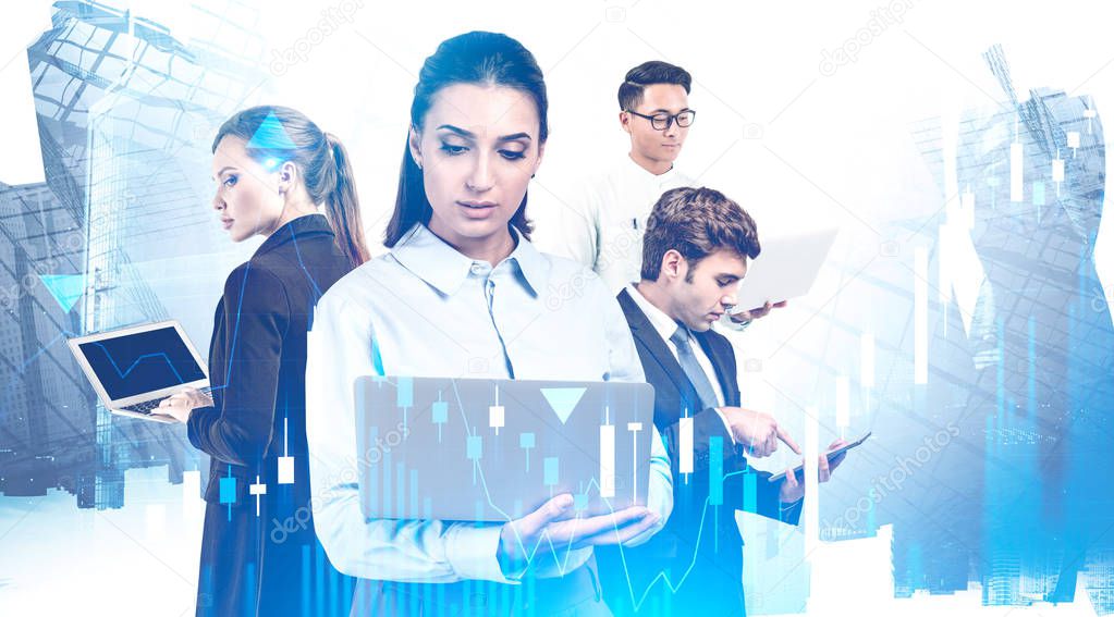 Team of successful diverse business people working together with gadgets in abstract city with double exposure of blurry digital graph. Concept of market analysis and teamwork. Toned image