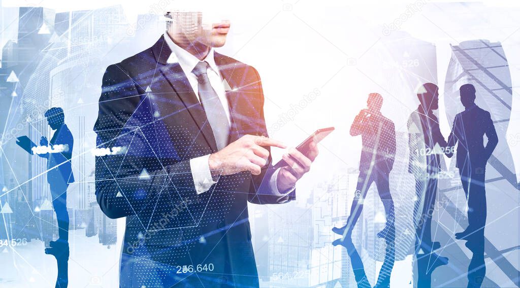 Leadership and internet connection concept. Businessman with smartphone and his colleagues working in abstract city with double exposure of blurry network hologram. Toned image