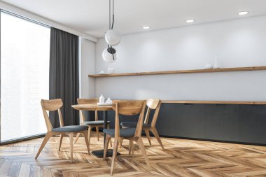 Beyaz duvarları, ahşap zemini, gri tezgahı, vazoları ve rahat sandalyeleri olan yuvarlak yemek masası olan minimalist panoramik mutfağın köşesi. Bulanık şehir manzarası. 3d oluşturma