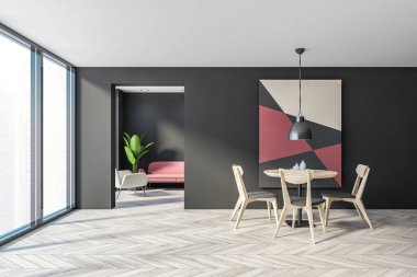 Gri duvarları, ahşap zemini, gri sandalyeli yuvarlak masası, soyut resmi ve arka planda kırmızı kanepesi olan oturma odası. 3d oluşturma