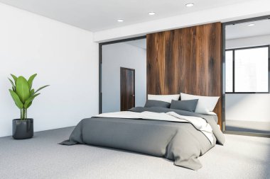 Beyaz ve ahşap duvarları olan modern ana yatak odasının köşesi, halı döşeli, gri battaniyeli ve iki büyük aynalı rahat kral yatağı. 3d oluşturma