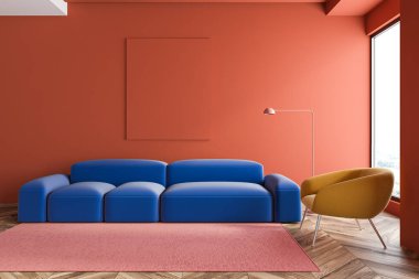 Minimalist oturma odasının içinde turuncu duvarlar, ahşap zemin, yanında yer lambası olan rahat mavi kanepe, sarı koltuk ve boş çerçeve. Bulanık görüşlü bir pencere. 3d oluşturma