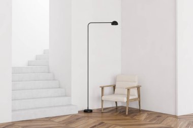 Beyaz duvarları, ahşap zemini ve merdivenleri olan minimalist oturma odasında duran rahat beyaz koltuk ve zemin lambası. 3d oluşturma