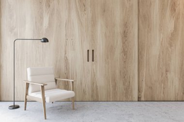 Minimalist oturma odasının içinde ahşap duvarlar, taş zemin, yerde lamba ve sürgülü kapılı rahat beyaz koltuk. Rahatlama kavramı. 3d oluşturma