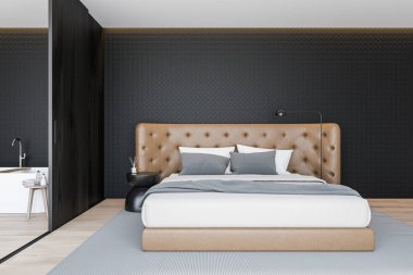 Gri geometrik desenli duvarları, ahşap zemini, rahat deri kral yatak ve banyosu ve yanında küvet ve sürgülü kapısı olan şık bir yatak odası. 3d oluşturma