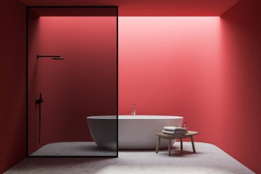 Parlak kırmızı duvarları, taş zemini, rahat beyaz küveti ve duş kabini olan geniş bir banyo. Havlulu sandalye. 3d oluşturma