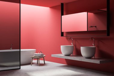 Geniş banyonun köşesinde parlak kırmızı duvarlar, taş zemin, rahat beyaz küvet, cam duş kabini ve kocaman çift lavabo. Havlulu sandalye. 3d oluşturma