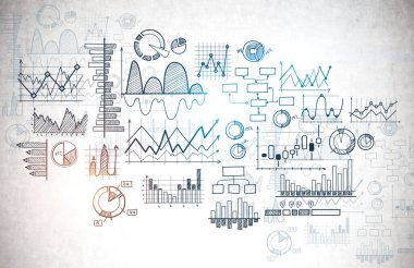 İstatistik ve veri analiz kavramı. Beton duvara çizilmiş çizelgeler ve grafikler. İş, ekonomi ve eğitim. 3d oluşturma