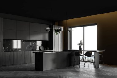 Gri, siyah mermer ve ahşap duvarları olan lüks mutfağın köşesi, koyu ahşap zemin, ahşap tezgah, gri ada ve tabureli bar masası. 3d oluşturma