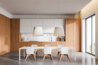 Lüks mutfak, beyaz, mermer ve ahşap duvarlar, beton zemin, ahşap tezgah ve beyaz sandalyeli yemek masası ve büyük lambalar. 3d oluşturma