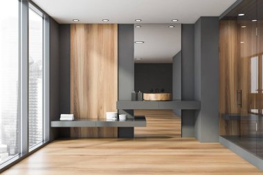 Geniş panoramik banyo, gri ve ahşap duvarlar, yuvarlak lavabo büyük ayna ve cam duş kabini ile gri rafta duruyor. Şehir manzaralı bir pencere. 3d oluşturma