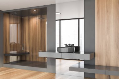 Gri ve ahşap duvarları olan ferah banyonun köşesi, yuvarlak lavabo büyük ayna ve cam kapılı duş kabini ile gri rafta duruyor. Spa konsepti. 3d oluşturma