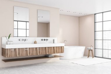 Sıcak beyaz küvet ve çift lavabo. Geniş banyo köşesinde iki dikey ayna bej duvarlı ve beton zeminli. 3d oluşturma