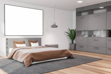 Beyaz duvarları, ahşap zemini, halıda duran rahat kral yatağı ve duvarın yanındaki gri kitaplığın köşesi. Yatay maket poster çerçevesi. 3d oluşturma