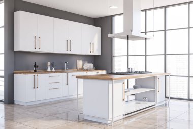 Gri duvarları, fayanslı zemini, beyaz tezgahları ve dolapları olan lüks panoramik mutfağın köşesi ve tencerede yapılmış rahat bir ada. 3d oluşturma