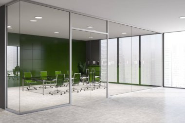 Yeşil fayanslı ve gri duvarlı şık konferans odasının köşesi, beton zemin ve modern ofis salonunda parlak yeşil sandalyeli uzun toplantı masası. 3d oluşturma