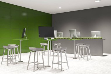 Sarı ve gri duvarları, beton zemini, bilgisayarlı yuvarlak masaları, rahat tabureleri ve çimenli çiçek tarhı olan modern çalışma tarzı ofisin köşesi. 3d oluşturma