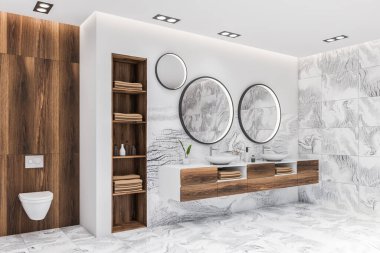 Lüks banyonun köşesinde beyaz mermer duvarlar, çift lavabo, iki yuvarlak ayna ve koyu ahşap havluların yanında tuvalet. 3d oluşturma