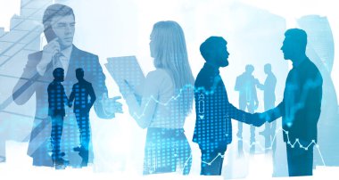 Soyut şehirde birlikte çalışan iş adamları bulanık finansal tablolara iki kez maruz kalıyorlar. Takım çalışması ve borsa kavramı. Tonu ayarlanmış resim