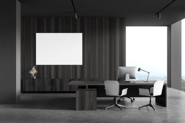 Gri ve koyu ahşap duvarları, beton zemini, ziyaretçiler için sandalyeli bilgisayar masası ve yatay maket posteriyle modern Ceo ofisinin içi. Liderlik kavramı. 3d oluşturma