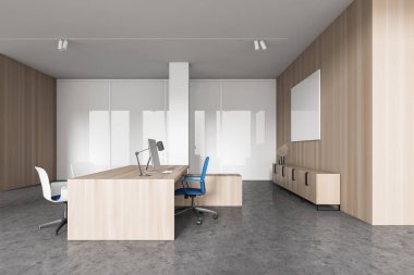 Beyaz ve ahşap duvarları, beton zemini, ziyaretçiler için sandalyeli bilgisayar masası ve yatay maket posteri olan şık bir Ceo ofisi. Liderlik kavramı. 3d oluşturma