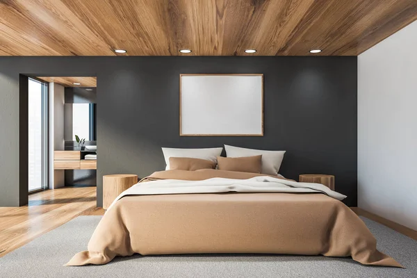 Interior Modern Bedroom Grey White Walls Wooden Floor Ceiling Beige — Stockfoto
