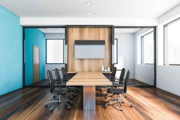 Interior Stylish Conference Room White Blue Walls Wooden Floor Long — Stock Photo, Image