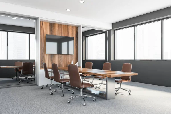 Corner Modern Meeting Room Gray Walls Carpeted Floor Long Wooden — Stockfoto