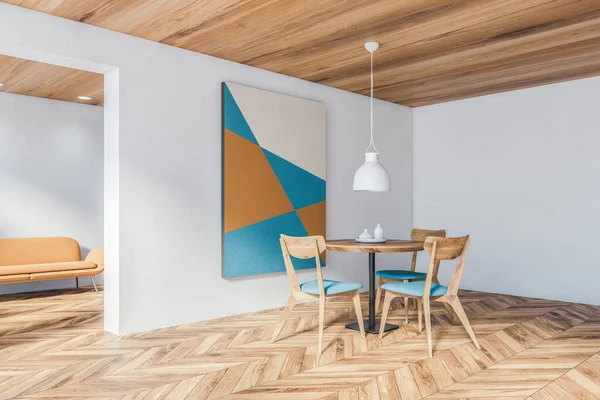 木製の床と天井 青い椅子と抽象的な画像と背景にベージュのソファ付きのリビングルームとラウンドテーブルとモダンな白いダイニングルームのコーナー 3Dレンダリング — ストック写真