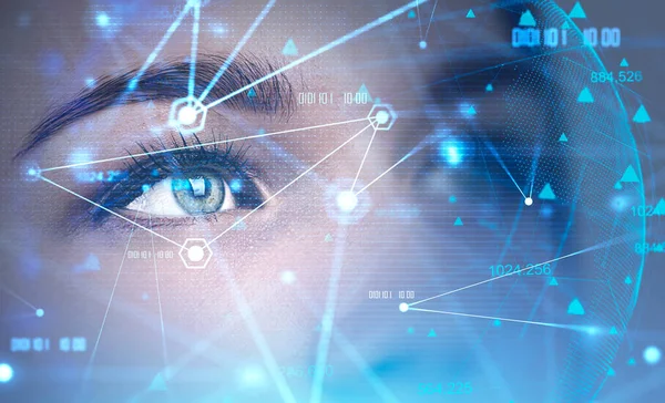 Close Beautiful Woman Face Double Exposure Blurry Network Interface Concept — Stock Photo, Image