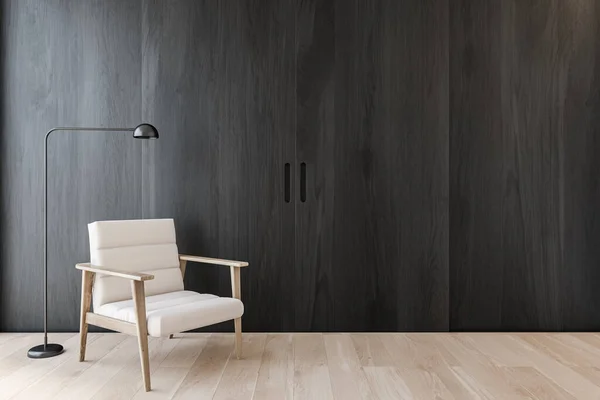 Interior Salón Minimalista Con Paredes Madera Oscura Suelo Madera Cómodo — Foto de Stock