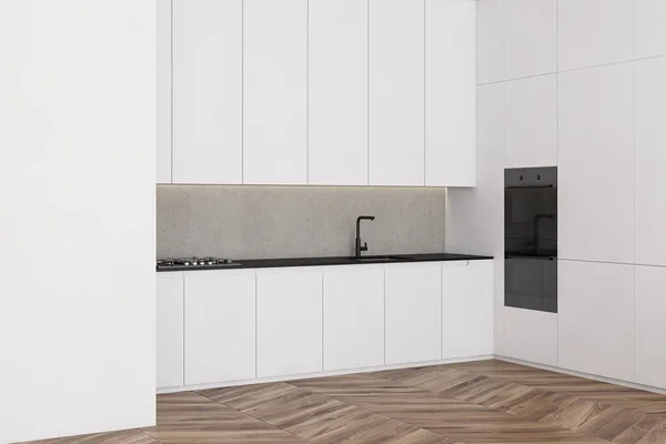 Corner Modern Minimalistic Kitchen White Concrete Walls Wooden Floor White — Stock Photo, Image