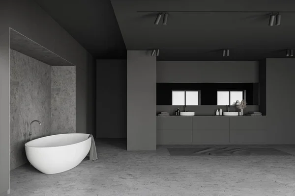 Interior Loft Bathroom Grey Concrete Walls Concrete Floor Double Sink — Stock Photo, Image