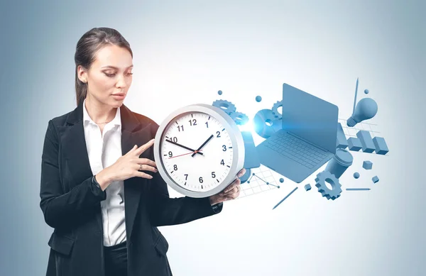 Beautiful Young Businesswoman College Student Holding Big Clock Standing Grey — Stock Photo, Image