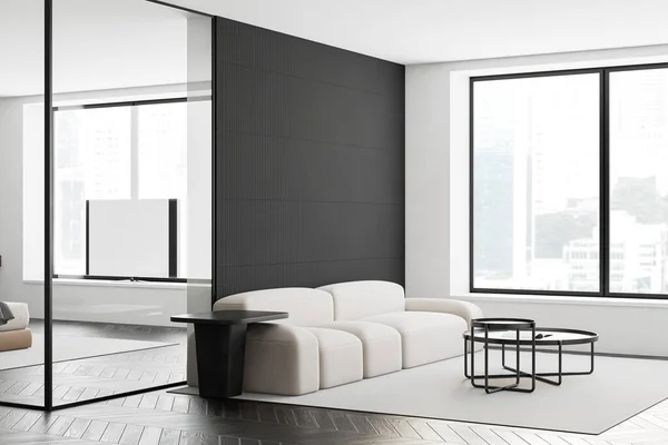 Corner Modern Living Room Black White Walls Dark Wooden Floor — Stock Photo, Image