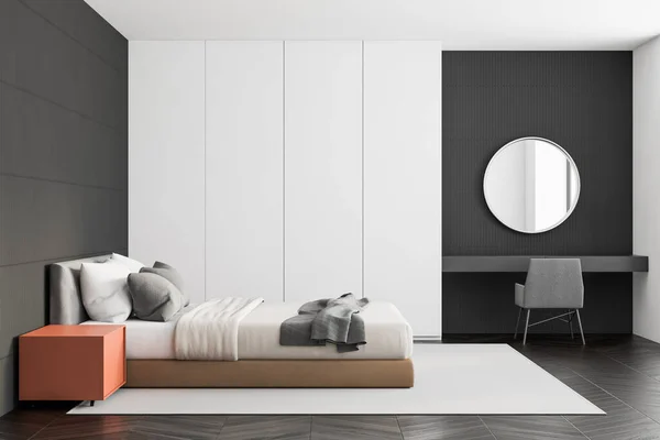 Interior Stylish Minimalistic Master Bedroom Gray White Walls Dark Wooden — Stock Photo, Image