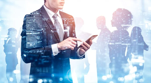 Unrecognizable Young Businessman Using Smartphone Blurry Abstract City Double Exposure — Stock Photo, Image