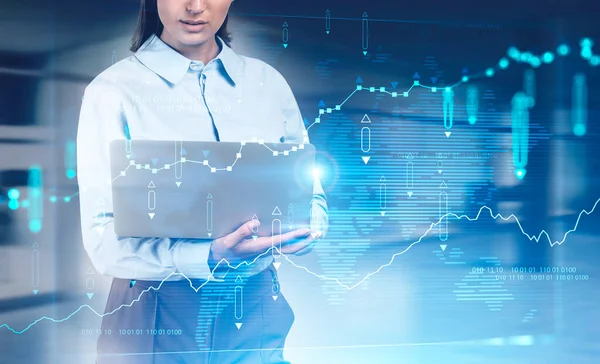 Unrecognizable Young Woman Broker Using Laptop Blurry Office Double Exposure — Stock Photo, Image