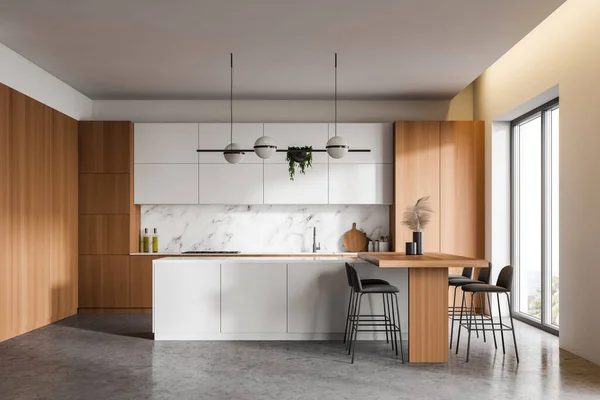 Interiér Luxusní Kuchyně Bílými Mramorovými Dřevěnými Stěnami Betonovou Podlahou Dřevěnými — Stock fotografie