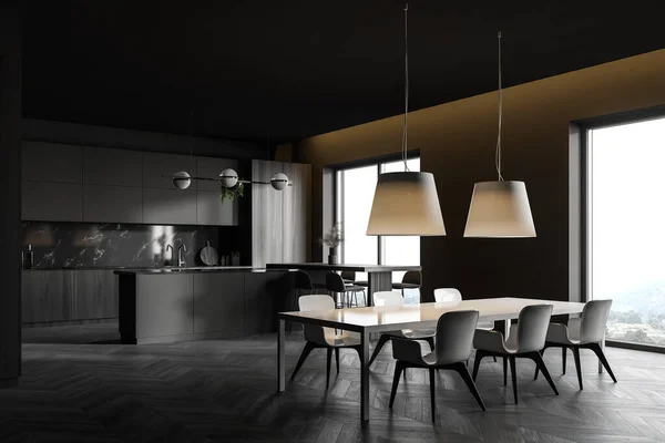 Corner of luxury kitchen with grey and black marble walls, dark wooden floor, gray countertops, bar with stools and dining table with white chairs. 3d rendering