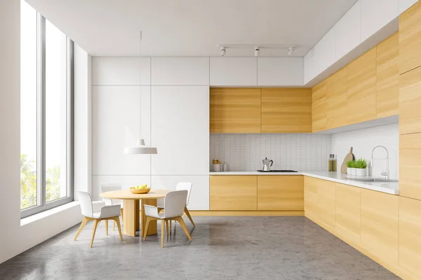 Interior Cozinha Elegante Com Paredes Azulejos Brancos Piso Concreto Bancadas — Fotografia de Stock