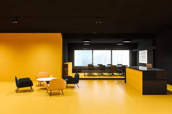 Intérieur Hall Bureau Moderne Avec Murs Jaunes Noirs Réception Lumineuse — Photo