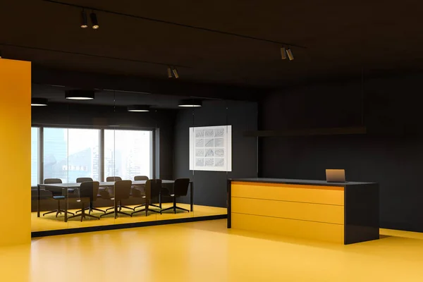 Corner Stylish Office Hall Yellow Black Walls Bright Reception Desk — Stock Photo, Image