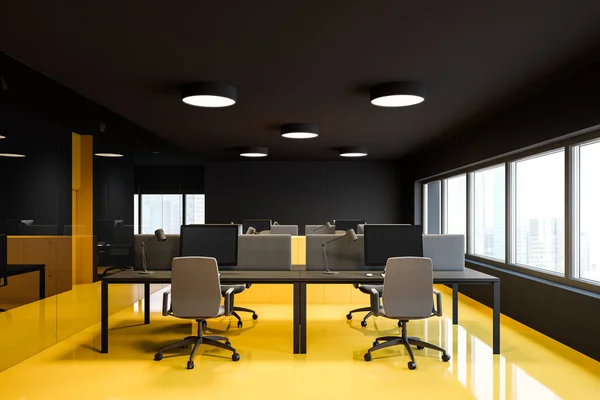 Interior Stylish Open Space Office Black Walls Bright Yellow Floor — Stock Photo, Image