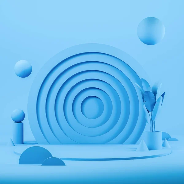 Μπλε Βάθρο Παρουσίασης Πάνω Από Δημιουργικό Αφηρημένο Υπόβαθρο Γεωμετρικά Σχήματα — Φωτογραφία Αρχείου