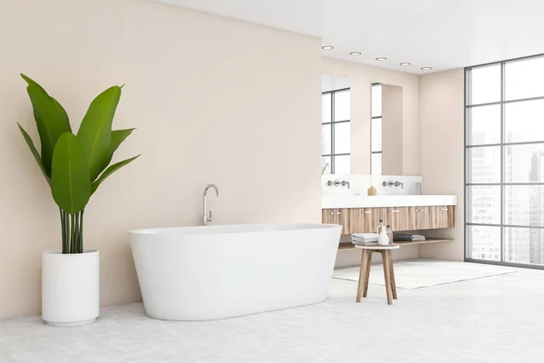 Canto Elegante Banheiro Com Paredes Bege Piso Concreto Banheira Branca — Fotografia de Stock