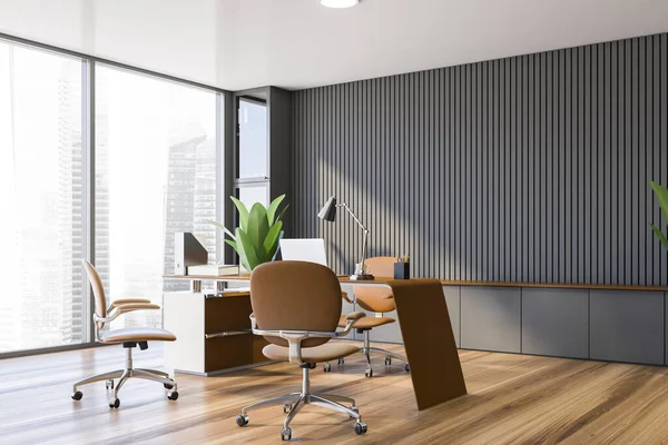 Corner Stylish Panoramic Ceo Office Gray Walls Wooden Floor Comfortable — Stock Photo, Image
