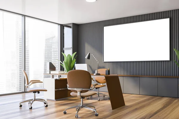 Corner Stylish Panoramic Ceo Office Gray Walls Wooden Floor Comfortable — Stock Photo, Image